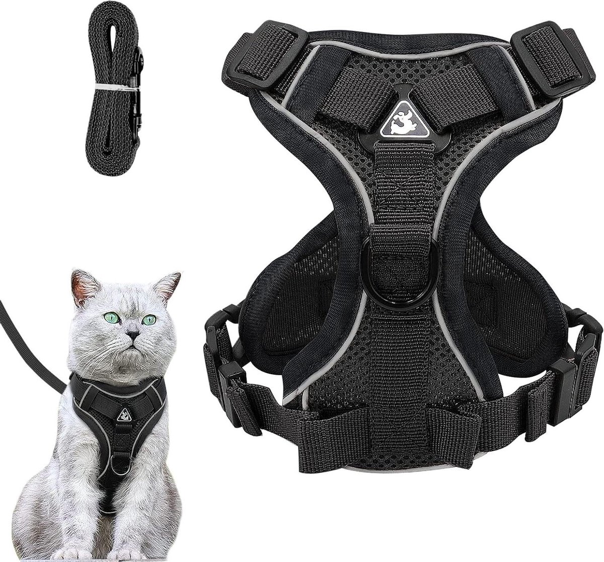 Kattenharnas met Riem - Anti-ontsnapping Tuigje - Veilig Wandelen - Reflecterend Banddesign - Maat XS - Zwart