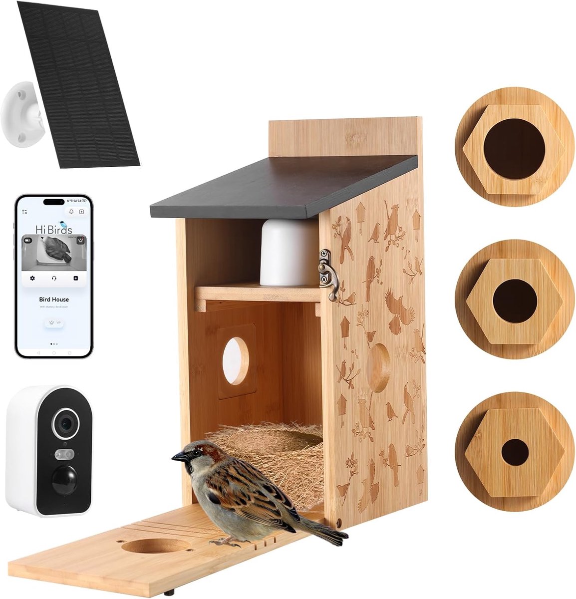 SnelShoppen - Vogelhuis met 5MP Zonnecamera, Weerbestendig Tuin Vogelhuis, 2.4G Wifi en App Notificatie, Video/Foto Opname en Bewegingsdetectie, Nesti