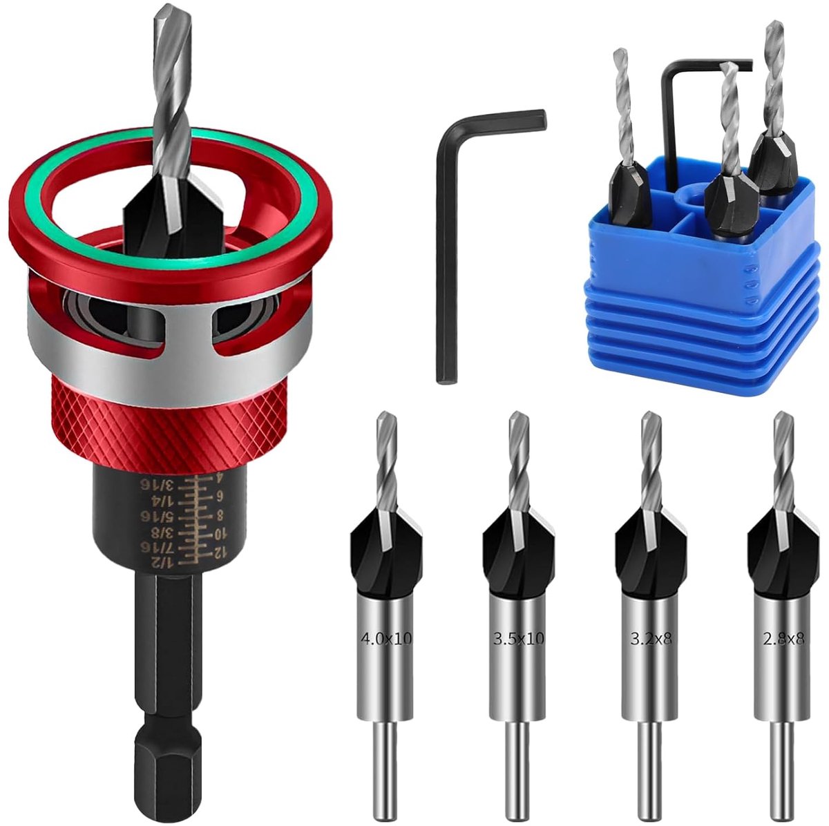 SnelShoppen - Countersink Boor Set 6 Stuks 2.8 mm, 3.2 mm, 3.5 mm, 4 mm Houtboor Set met Diepte Stop en Zeskant Aansluiting voor DIY en Houtbewerking