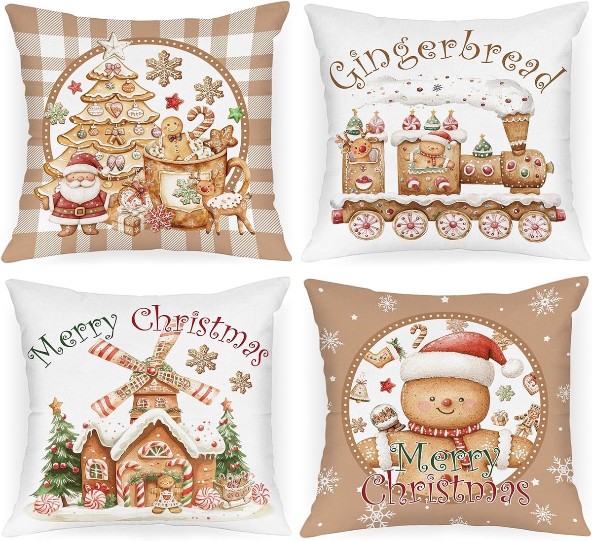 SnelShoppen - Set van 4 Kerst Kussenhoezen 40x40cm - Gingerbread Man Design - Luxe Zachte Pluche Kussenhoezen voor Woonkamer, Slaapkamer, Bank en Bed