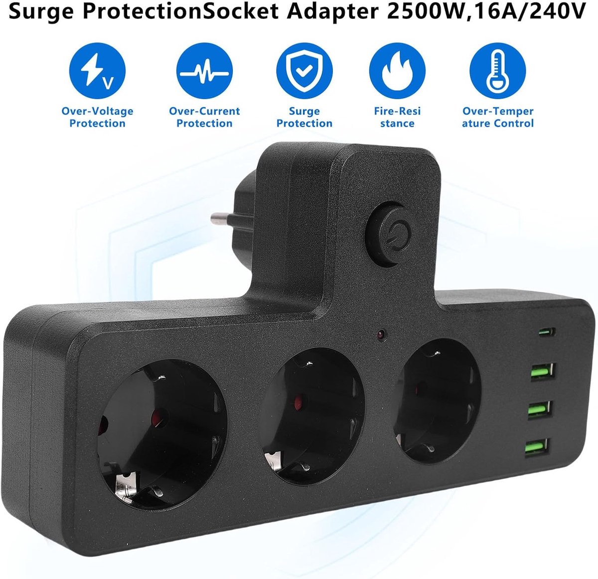 SnelShoppen - Power Strip Stekkerdoos met 3 AC Uitgangen, 3 USB Poorten en 1 Type C Poort, Multi-Functionele Stopcontactverlenging met Schakelaar en O