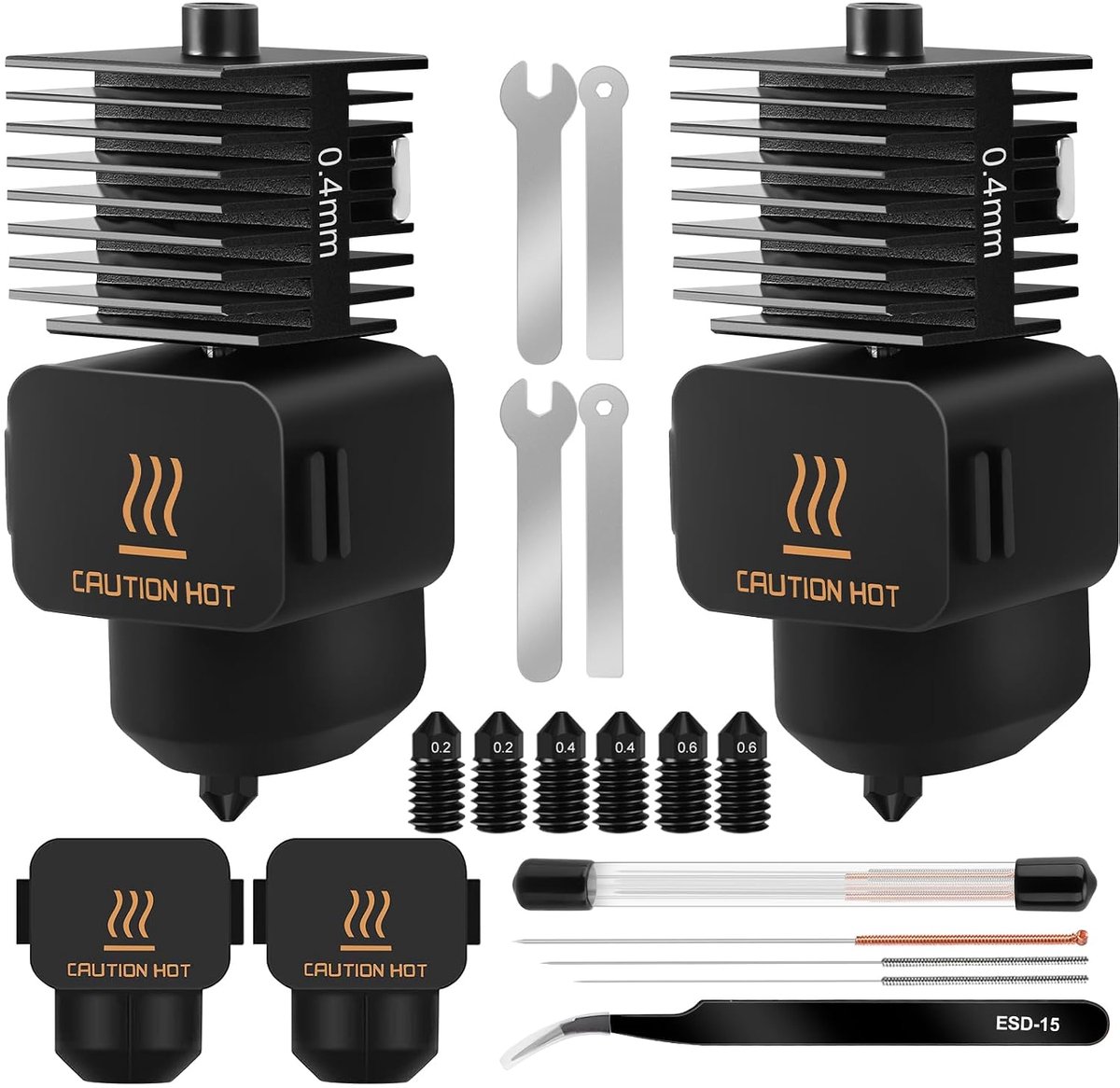 SnelShoppen - 2 Stuks 0.4mm Mini Hotend Set voor A1/A1 Mini 3D Printer, Extruder Printkop met Siliconen Sok, 6 Stuks Geharde Stalen Nozzles en Reinigi