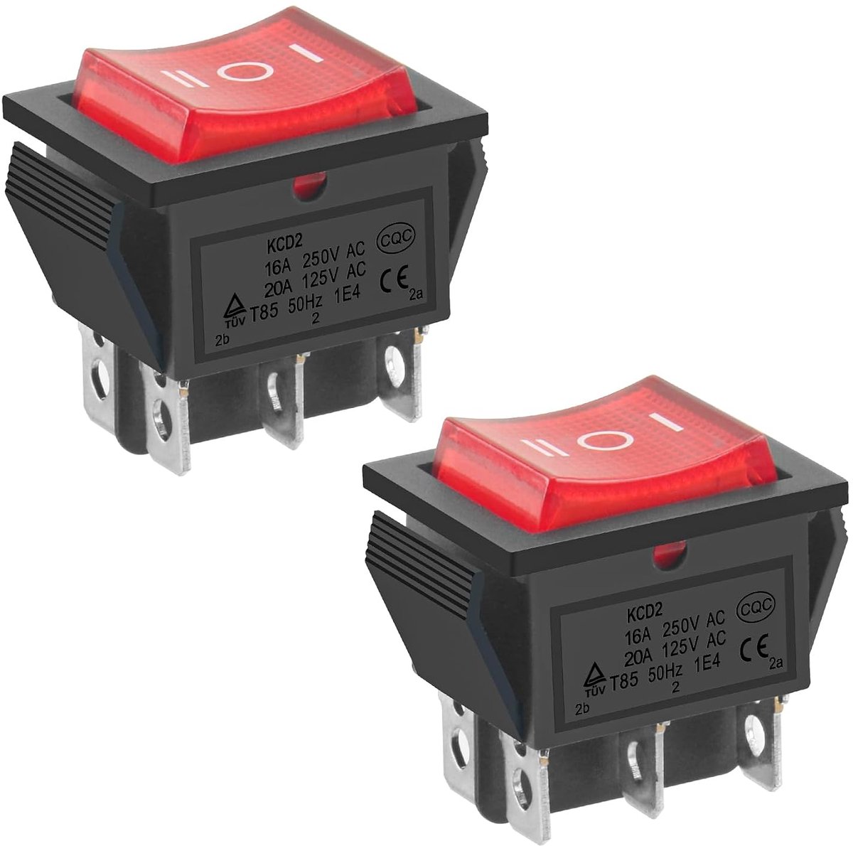 SnelShoppen - 2 Stuks Toggle Schakelaar, Aan/Uit DPST met 6 Connectoren, Rood Licht, 16 A, 250 VAC, Voor Tuin, Keuken en Meerdere Toepassingen