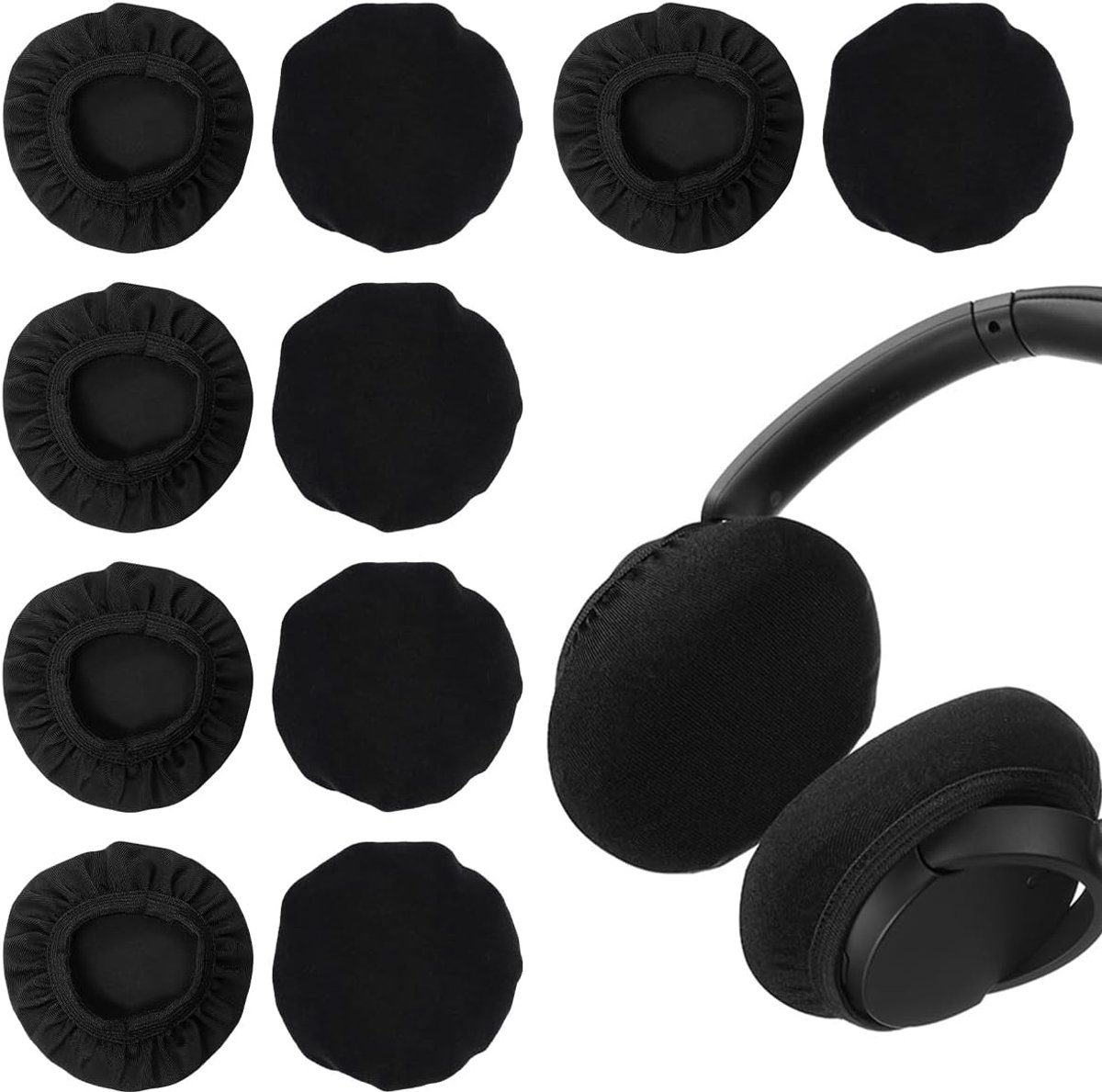 SnelShoppen - 10 Stuks Rekbare Wasbare Hoofdtelefoonhoezen Flexibel Stof Oorkussens Elastisch Ademend Gebreid voor 6-9cm Headset, Vuilbescherming (Zwa