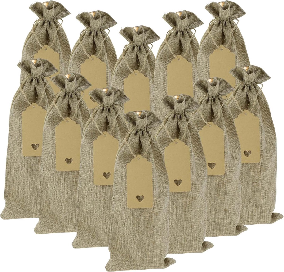 SnelShoppen - Linnen Wijnzakken 12 Stuks, Herbruikbare Cadeauzakjes met Trekkoord, Etiketten en Veters voor Bruiloften, Feesten, Kerstmis, Vlaskleuren