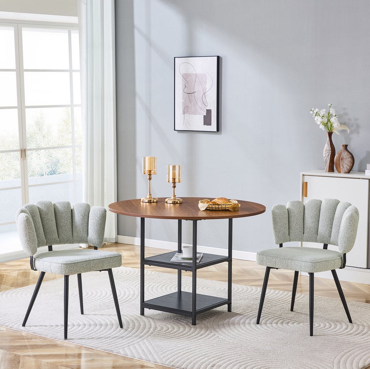REDOM- Set tafel en stoelen - Ronde eettafel met dubbele opbergniveaus - 2 stoelen - Moderne stijl - Eetkamer - Hout en metaal - Lichtbeige, walnootlook, zwart - 107 x 107 x 75 cm