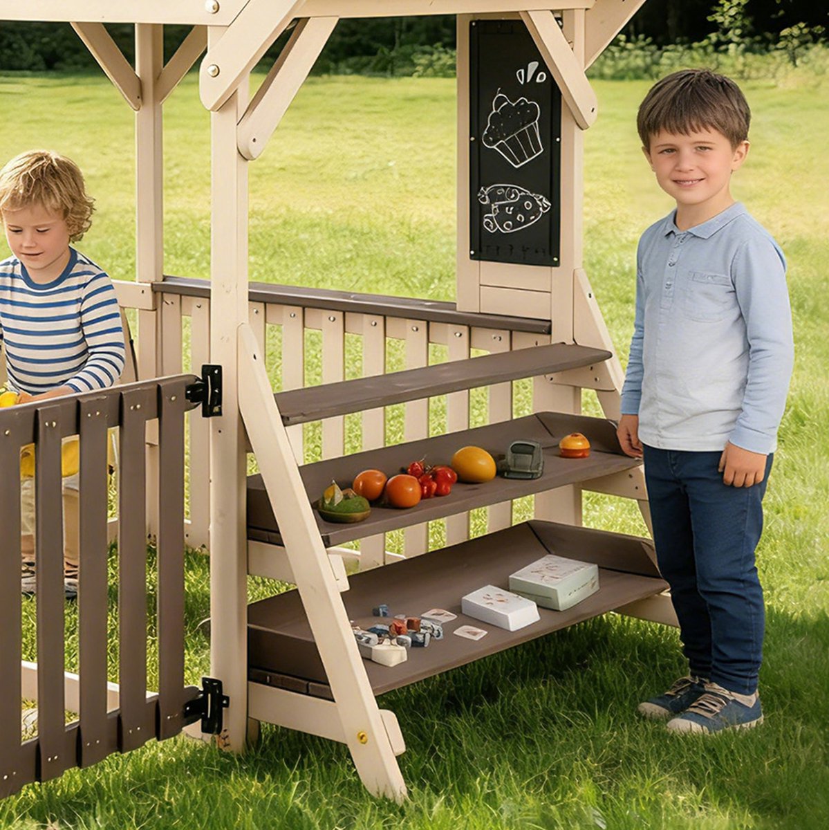 REDOM - Outdoor speelhuis - Huisvormig design met regendak en halfhoge reling - Meervoudige opbergrek - Houten constructie - Tuin - Hout - Grijs en Beige - 147,5 x 114 x 156 cm