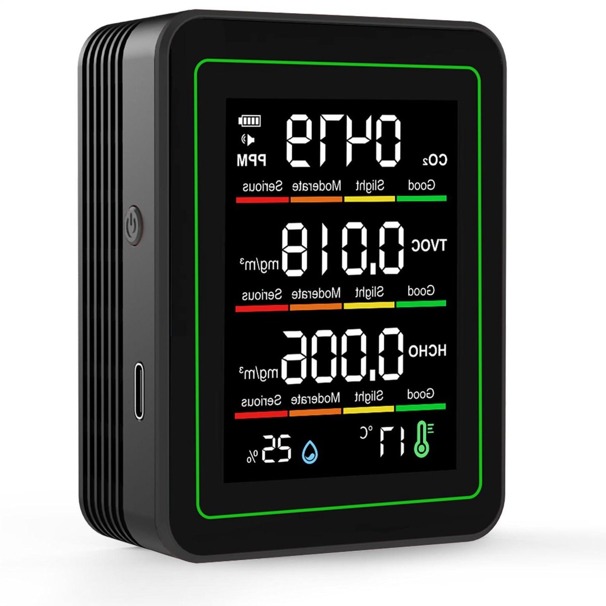 Luchtkwaliteit Tester - CO2 Monitor - Binnen Lucht Meten - 5-in-1 Detectie - 90x70x35mm - Zwart