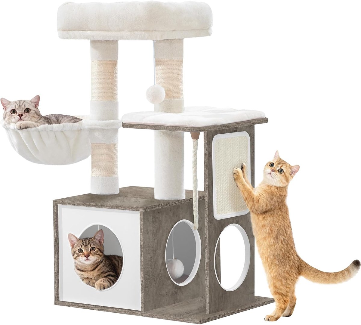 Hzuaneri Krabpaal, Moderne Krabpaal, 85 cm hoog, met 3 krabpalen, verwijderbare, wasbare mat, 1 grot, 2 platforms, 1 kattenmand, sisaltouw, 2 pluche ballen, licht ivoor