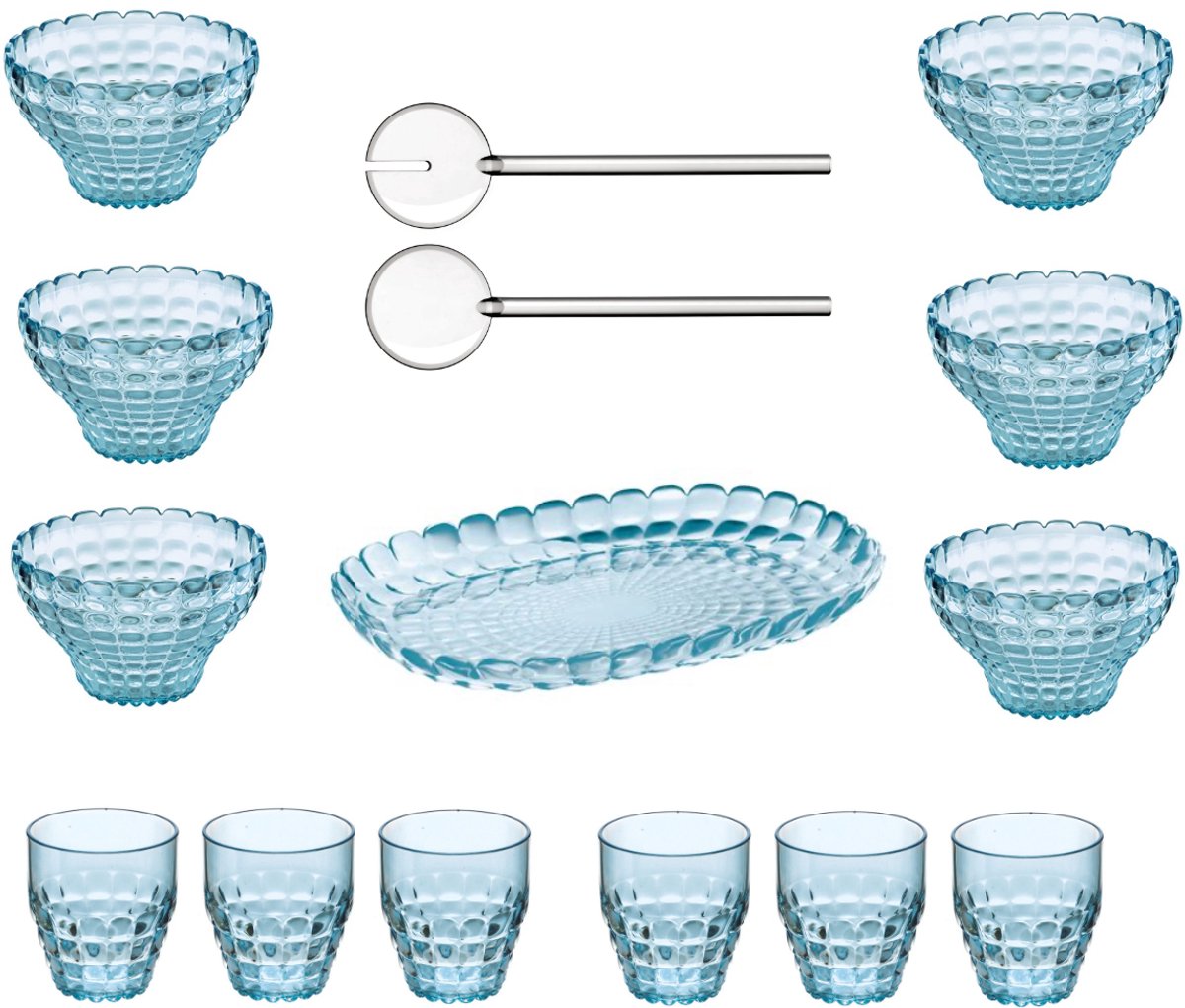 Guzzini Tiffany Tafelset 14-delig – Slabestek, 1 Dienblad, 6 schaaltjes & 6 Glazen – Kunststof, Transparant & Transparant Blauw – Voor Tafel, Terras & Buiten – Vaatwasserbestendig & BPA-vrij – Made in Italy