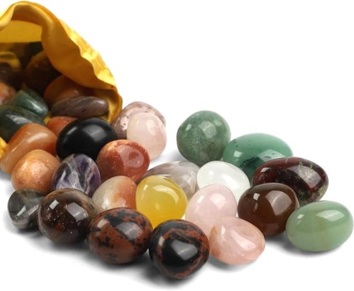 Kleurvolle Natuurlijke Getrommelde Stenen 300 g in een gouden gele zak voor kinderen - Educatief Speelgoed, Decoratie en Edelsteen-spel voor Verjaardagen
