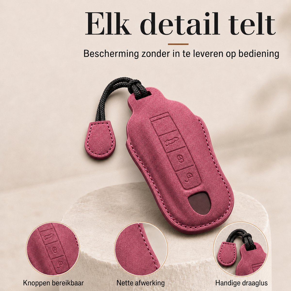 Autosleutelhoes Geschikt voor Porsche – Luxe PU-Leren Sleutelcover Type B met Draaglus – Volledige Beschermhoes voor Macan, Cayenne, Panamera, Taycan, 718 en 911 – Velvet Bordeaux