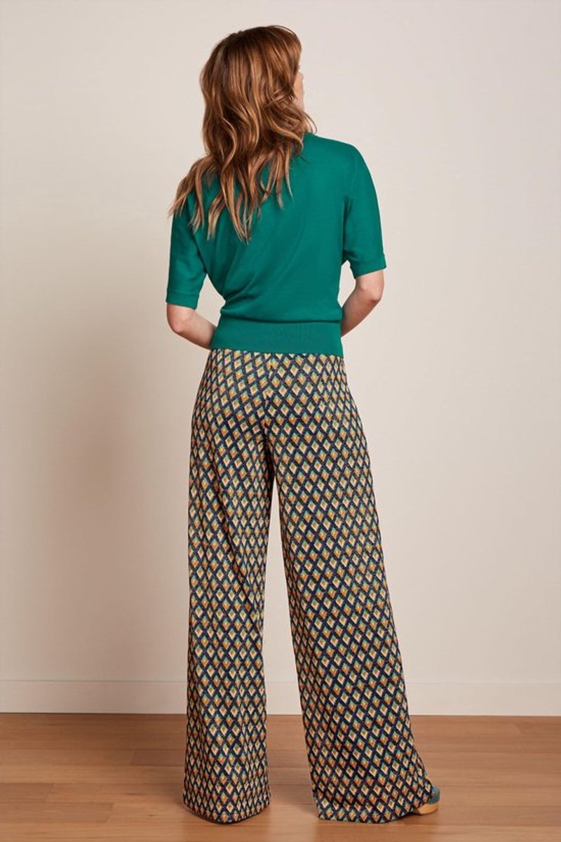 Broek Dames - Uitlopende Snit - Glitter-Jersey - Elastische Tailleband - Zachte Stretchstof - Grafische Print