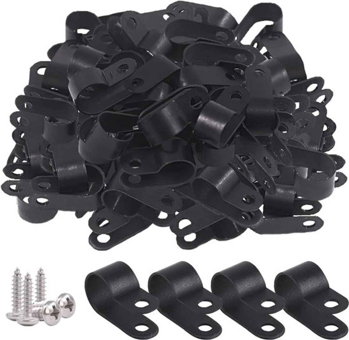 60-delige zwarte nylon schroefbevestiging R-type kabelclip met schroeven voor kabels, draden en leidingen