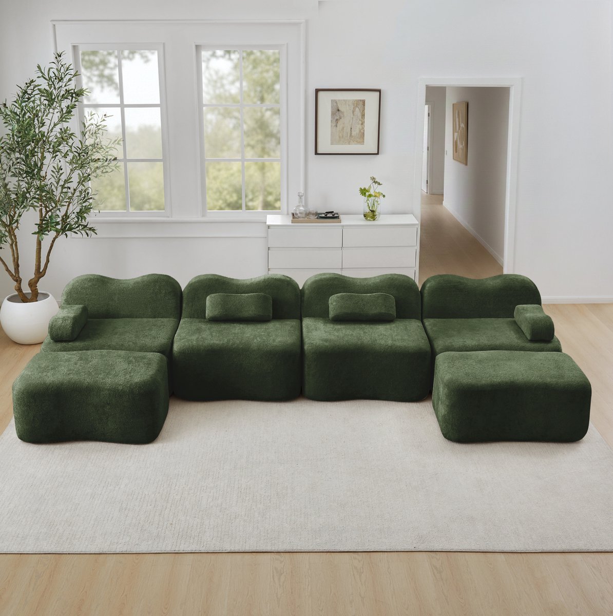 MEUNIQ 4-zits U-bank modulair met 2 ottomans, zonder binnenframe, fluwelen bekleding, voor woonkamer, groen