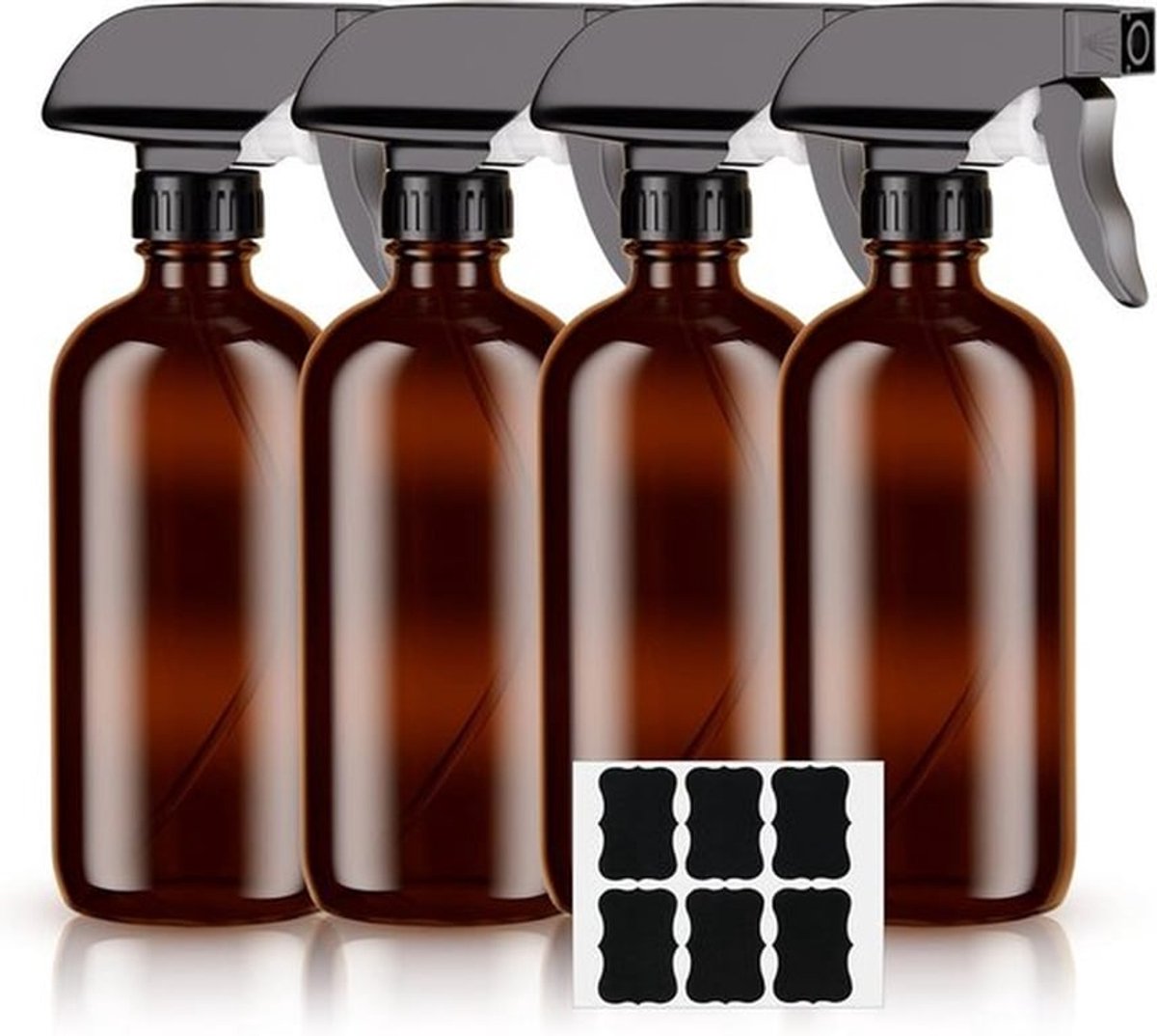 Set van 4 Amber Glazen Sprayflessen van 500ml met Fijne Sprayinstellingen voor Schoonmaken, Haarverzorging en Plantenzorg