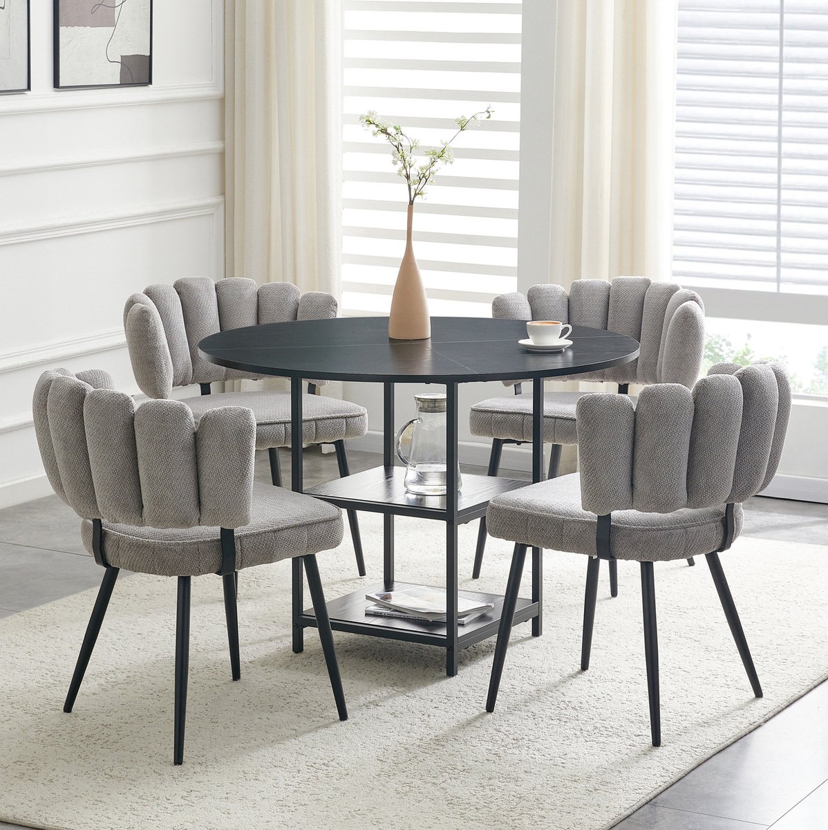 REDOM- Set tafel en stoelen - Ronde eettafel voor 4 personen - Dubbele opberglagen - Zwarte MDF tafel met metalen frame - Industriële stijl - Woonkamer, keuken - Grijs, Zwart - 107 x 75 cm