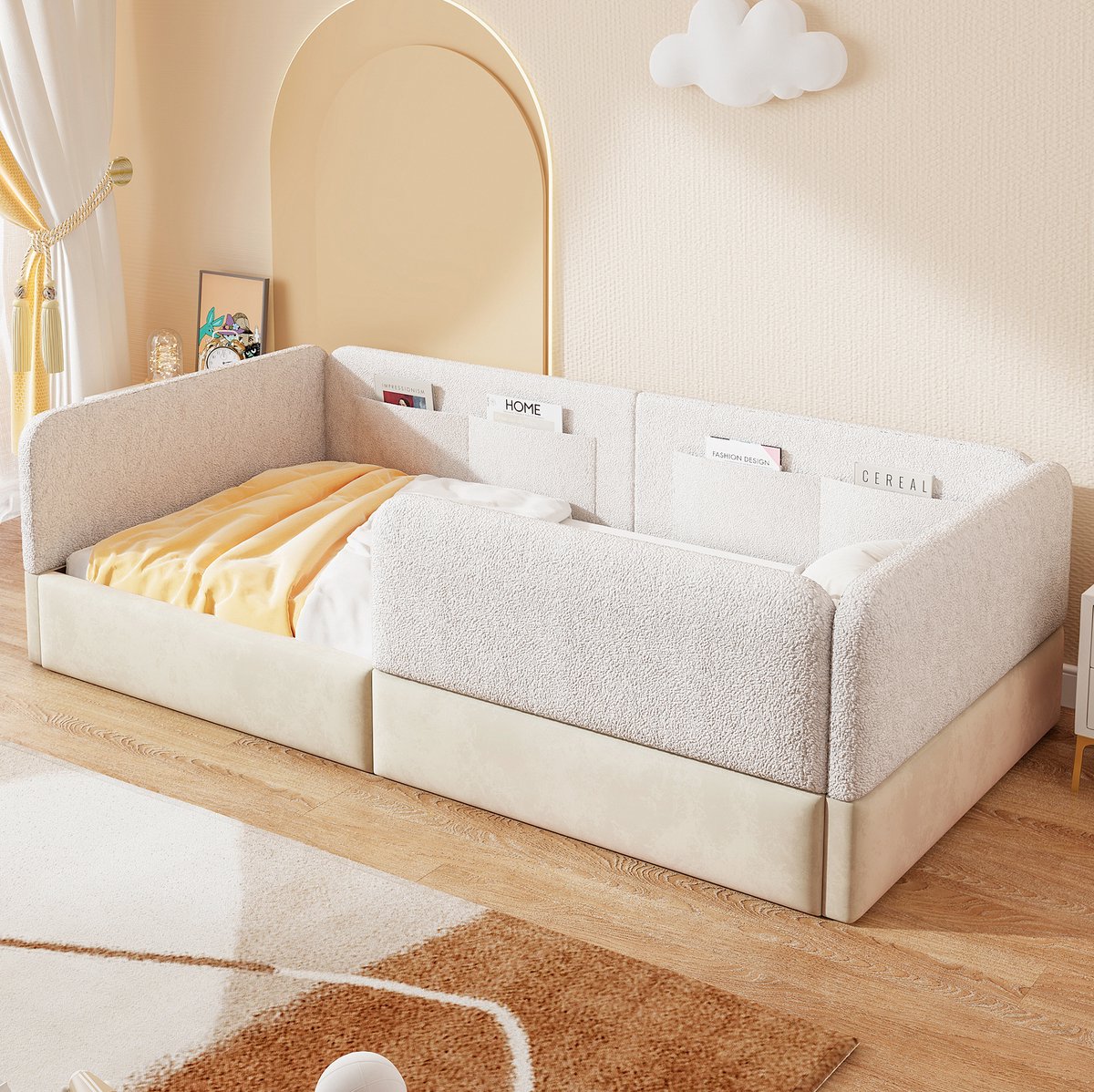 REDOM Bed - Gepolsterd platformbed met beschermhekje en opbergtassen - Lattenbodem - Stof en kunstleer - Wit en Beige - 90 x 200 cm