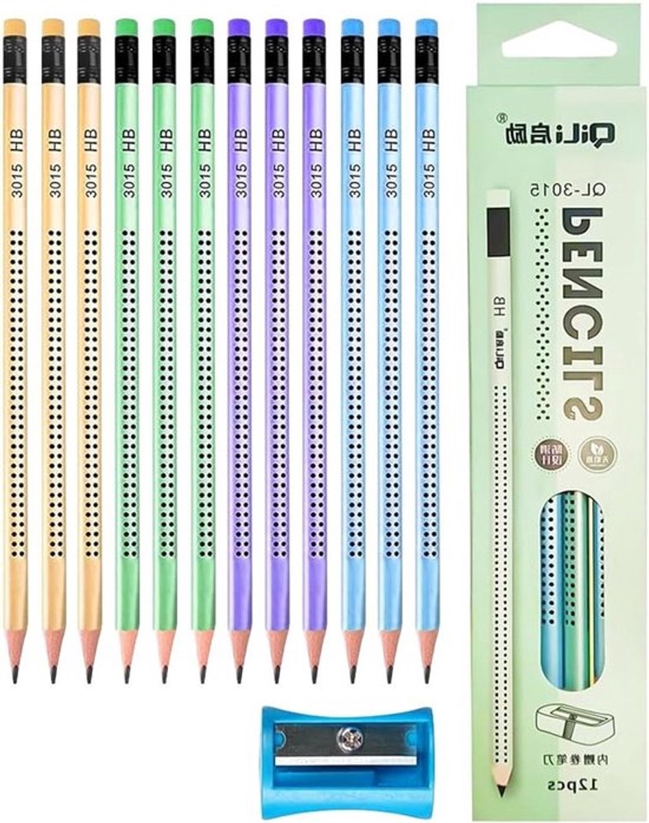 Houten Potlood Set met Gum en Puntenslijper, Driehoekige, Antislip Potloden voor Kinderen, Geschikt voor School, Tekeningen en Examens, 12 Stuks in Diverse Kleuren