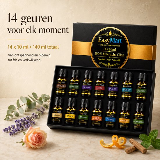 Doos met 14 flesjes EasyMart etherische olie van 10ml per stuk, 140ml totaal. Met lavendel en roos in de voorgrond.