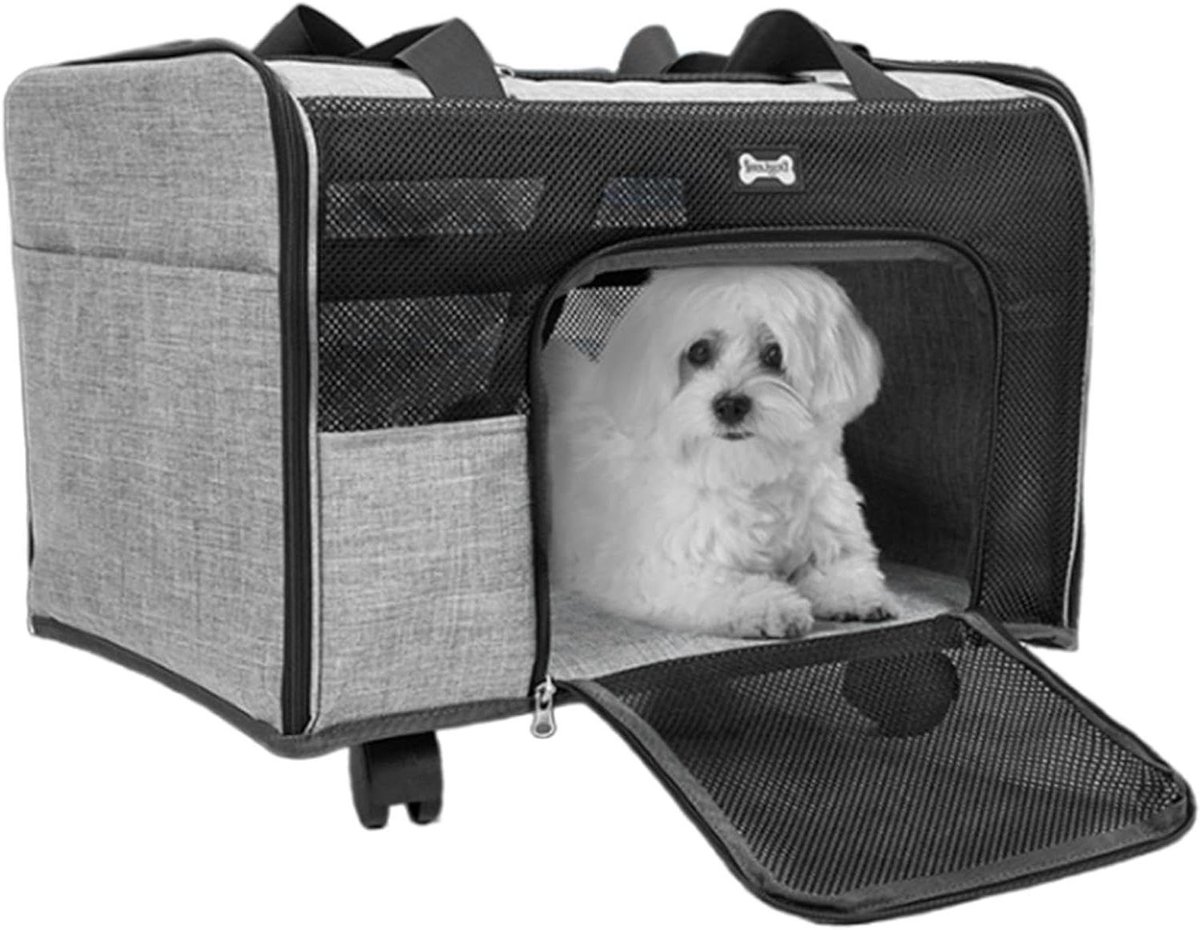 Huisdier Drager met Wielen - Reismand Hond Kat - Comfortabel Reizen - Ademend en Waterdicht - 47x38x30cm - Grijs