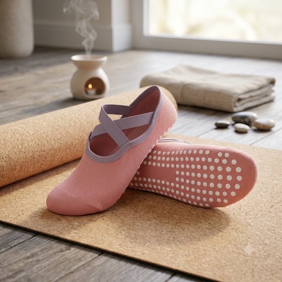 Roze antislip pilates sokken dames ademende ballet sokken met kruiselastiek siliconen antislip zool lage sport sokken voor yoga pilates barre dans fitness en vloeroefeningen maat 36-40 — afbeelding 2