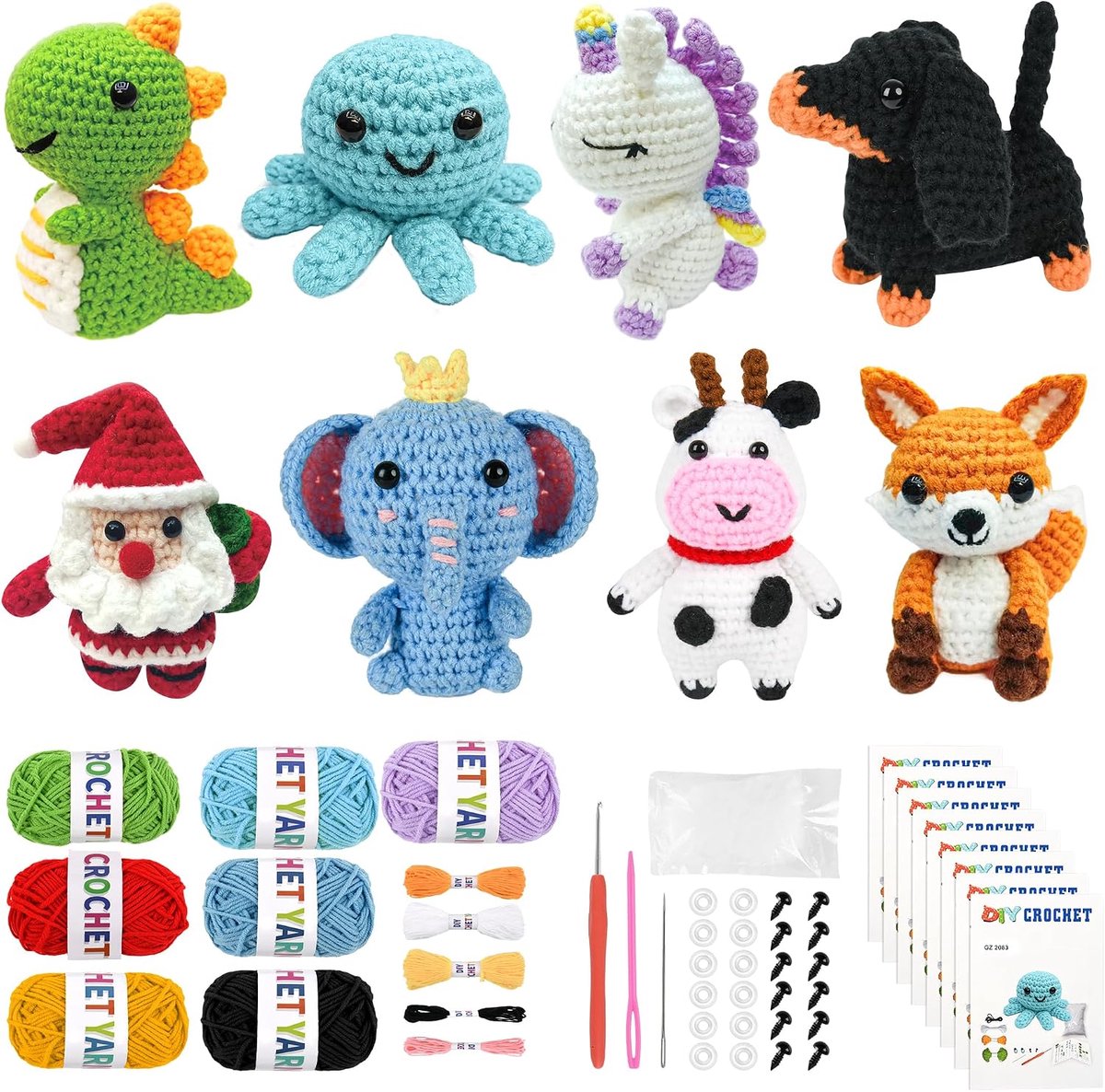 8-delig Haakpakket voor Beginners - DIY Dieren Knutselset met Video's, Garen & Haaknaald - Cadeau voor Kerst & Verjaardag - voor Volwassenen & Kinderen - 1 Set