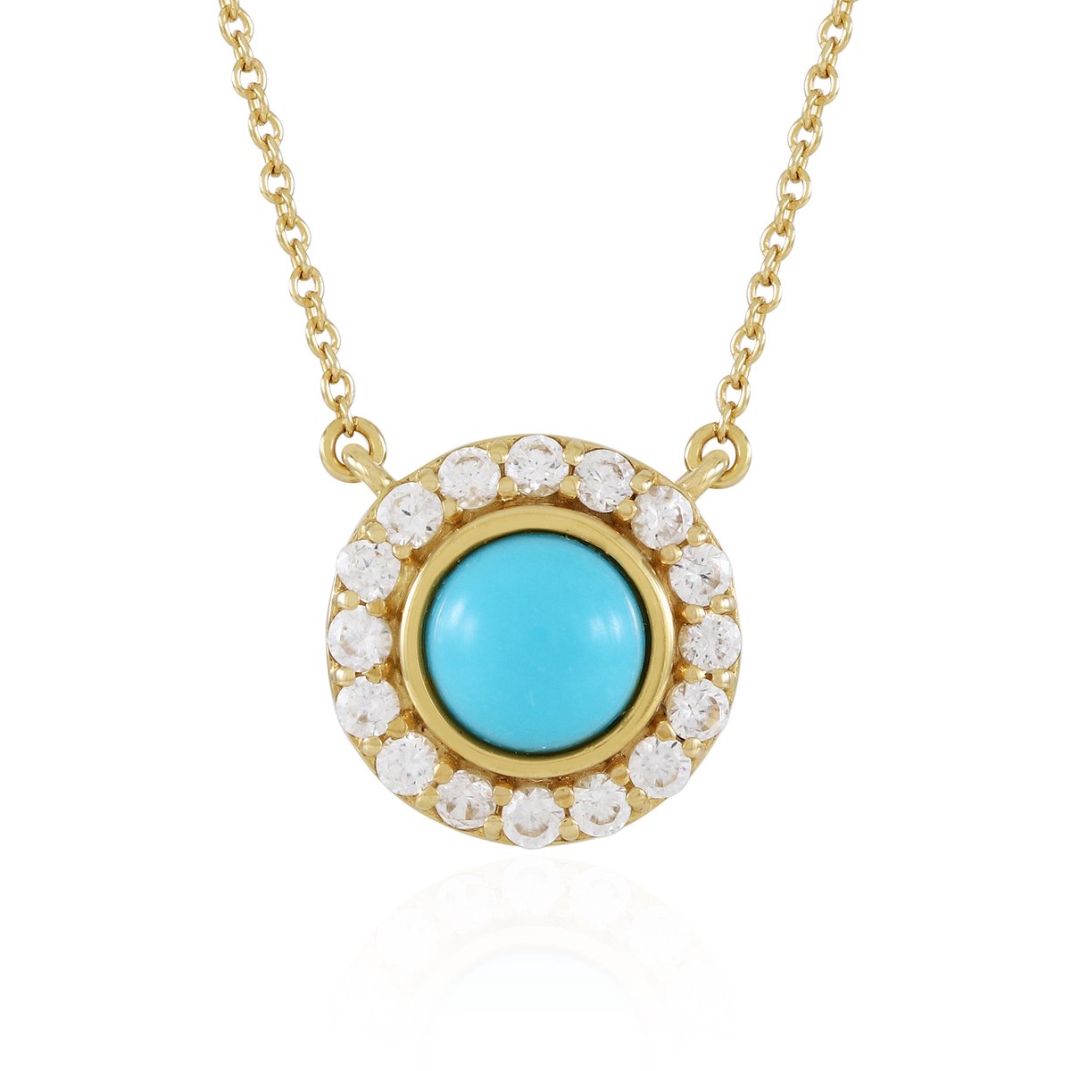 Cavill - Elegante Damesketting - 925 Sterling Zilver Verguld - Turkoois 0,855 ct & 0,72 ct Zirkonen - 45 cm Ronde Cabochon Hanger
