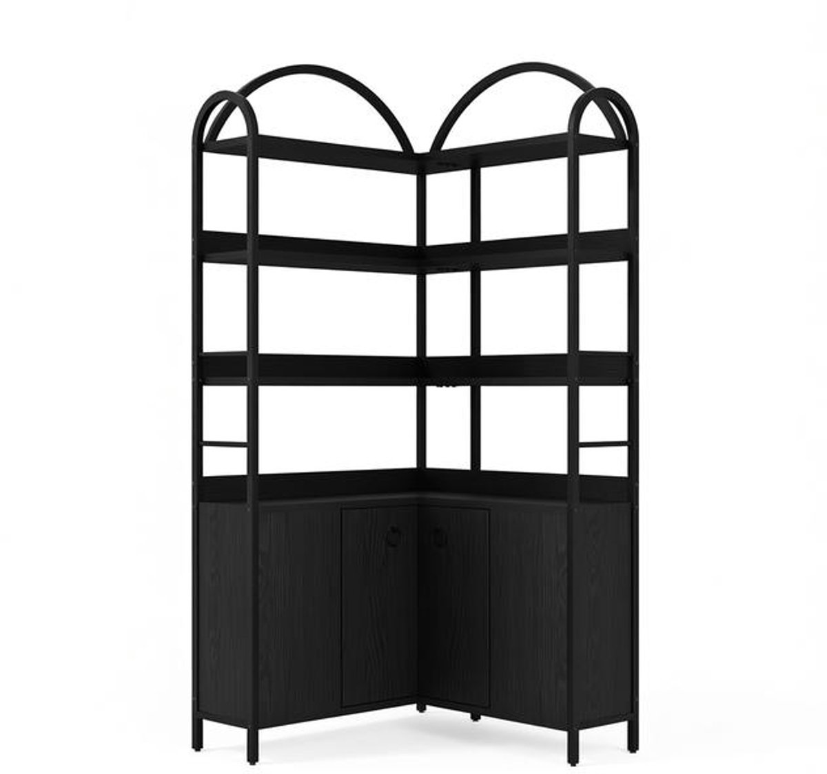 L-vormige hoekboekenkast met kast en zes etages, gebogen ontwerp, metalen frame -ZWART.