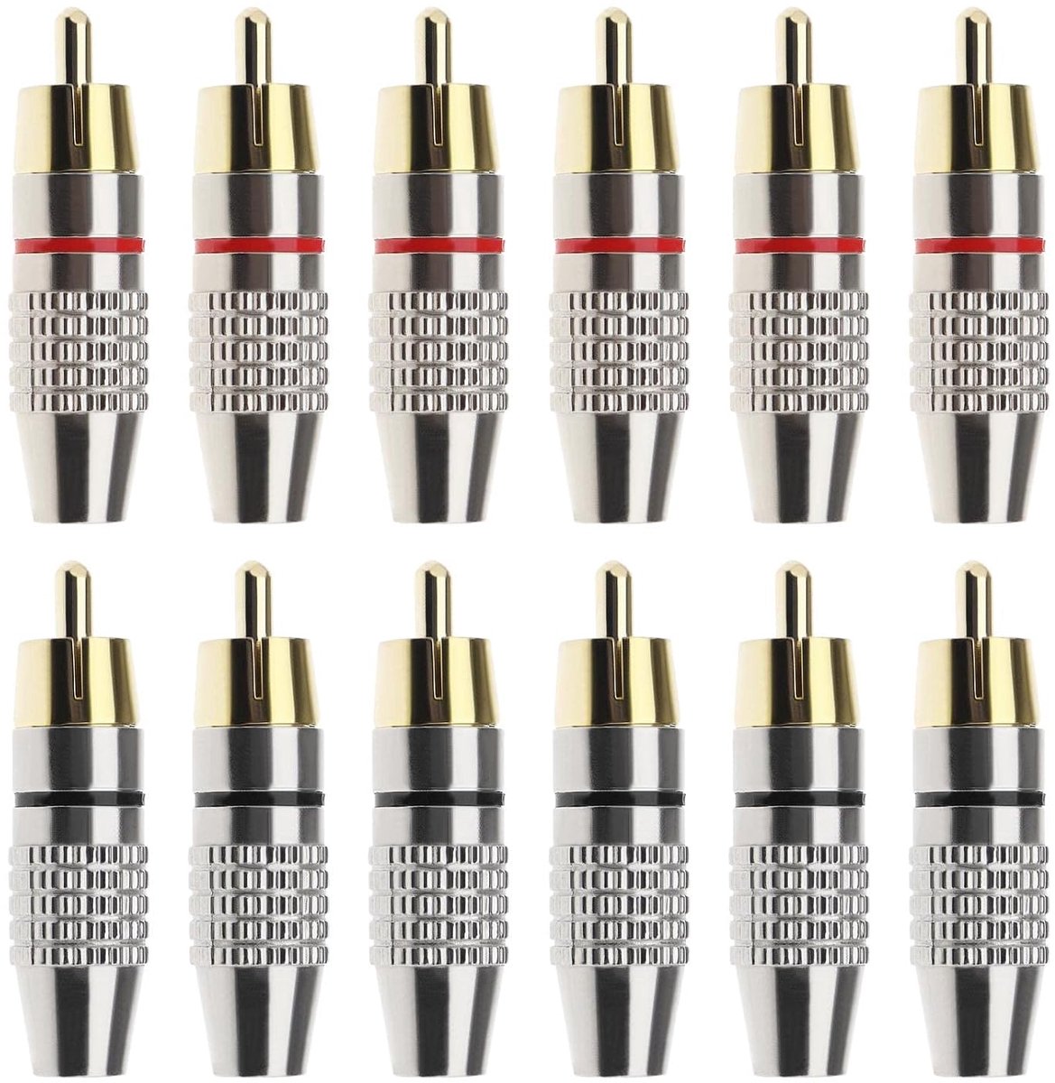 SnelShoppen - 12PCS RCA Male Plug Schroef Audio Video Goudgeplateerd In-Line Jack Terminal Connector Adapter Solderloos RCA Plug Zwart & Rood