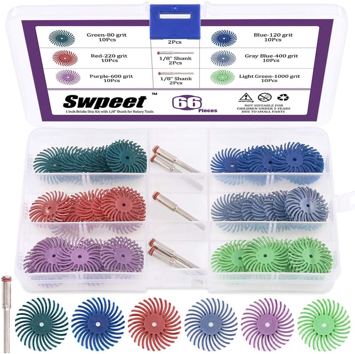 SnelShoppen - 66 Stuks Sweet Grinding Discs met 1/8 Inch Schacht voor Rotatietools - Ideaal voor Schoonmaken en Ontbramen, Mix 80/120/220/400/600/1000