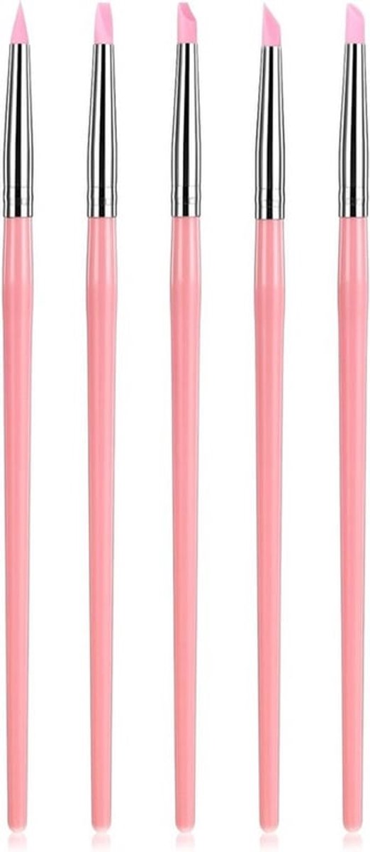 Set van 5 Professionele Siliconen Nagelkwasten voor Mirror Powder Toepassing met Roze Handvat van 180mm