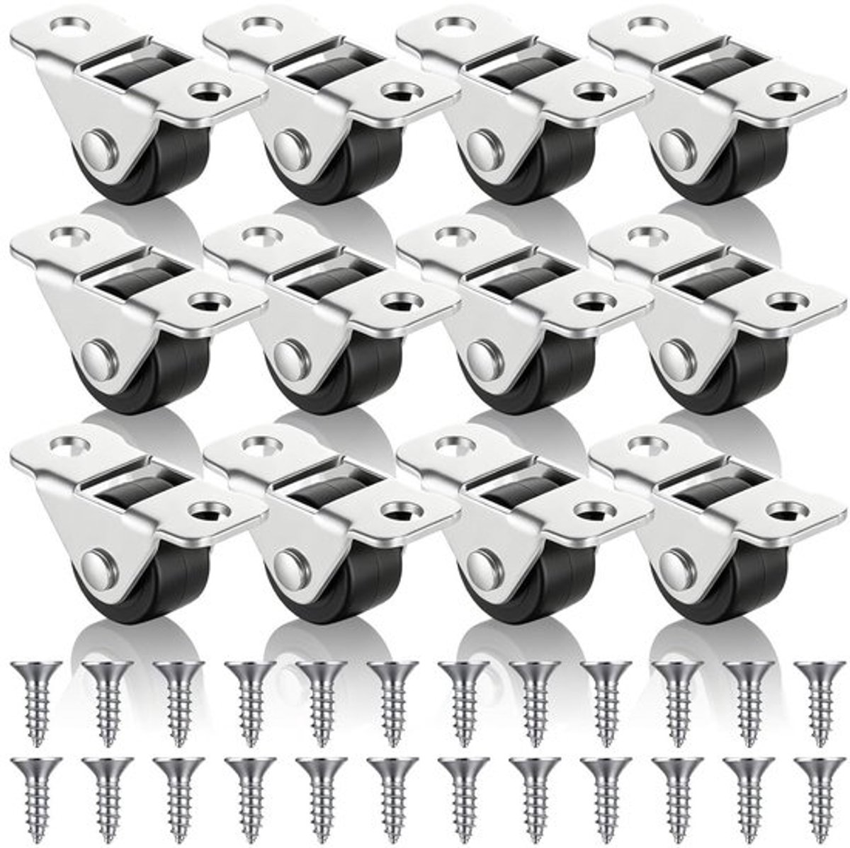 Mini Meubels Wielen Set van 12 Stuks, 12mm Rubber Rollen met 24 Schroeven voor Stil en Duurzaam Gebruik, Ideaal voor Meubels en Klussen