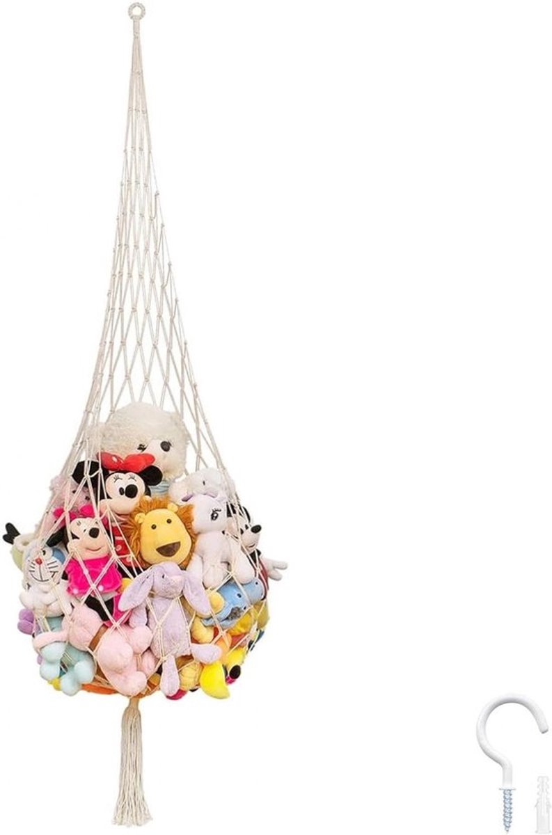 Pluche Dierenhanger van Gevlochten Katoen, Opbergnet voor Knuffels, Kussens en Speelgoed met Haak en Uitbreidingsbuis