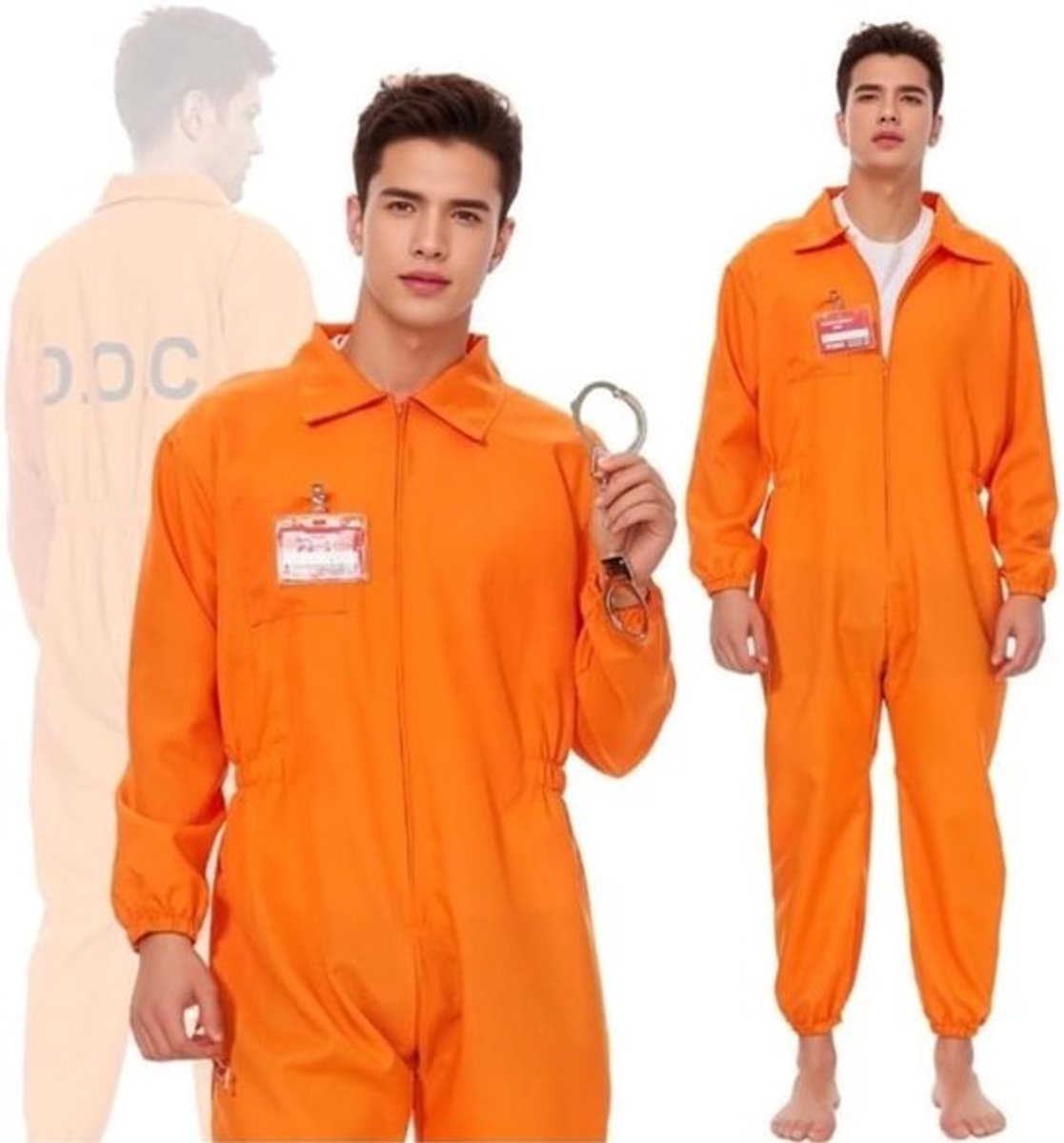 Oranje gevangeniskostuum voor mannen met tatoeage stickers, naamlabel en handboeien - Perfect voor carnaval en cosplay evenementen
