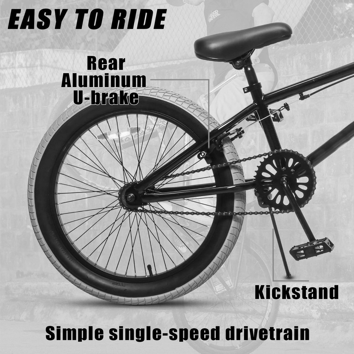 SnelShoppen - AVASTA 20 Inch Freestyle BMX Fiets Jeugd Kinderfiets voor 6-14 Jaar Jongens Meisjes met 4 Pegs, Zwart met Grijze Banden voor Beginners e