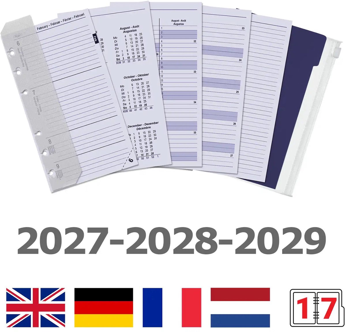 Kalpa 6316-27-28-29 170 x 95 mm Personal Bindmiddelenagenda Vulling met extra's 1 Week per 2 Paginas EN DE FR NL 2027 2028 2029