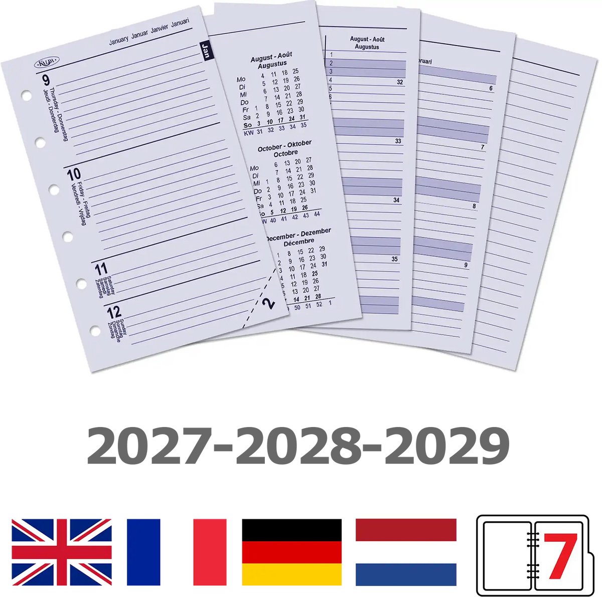 Kalpa 6236-27-28-29 125 x 80 mm Pocket 6 Ringband Inzetstukken 1 Week per 2 Paginas EN DE FR NL 2027 2028 2029