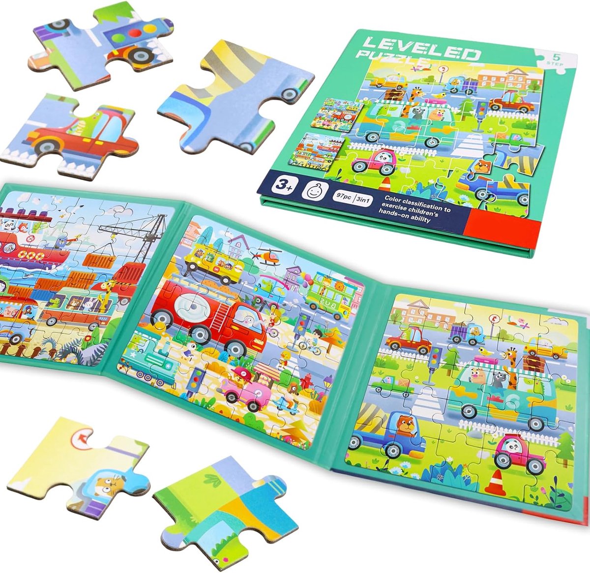 SnelShoppen - Magnetische Puzzel voor Kinderen, 3-in-1 Puzzelboek met 25-30-42 Stukken, Verkeers Thema, Activiteit voor Auto Reis en Vliegtuig, Geschi