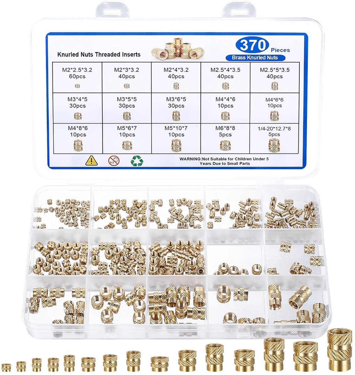 SnelShoppen - Threaded Insert Press Mutter, 370Pcs M2 M2.5 M3 M4 M5 M6 & 1/4-20 Vrouwelijke Draad Knurled Moeren, Messing Invoegmoeren voor 3D Printer