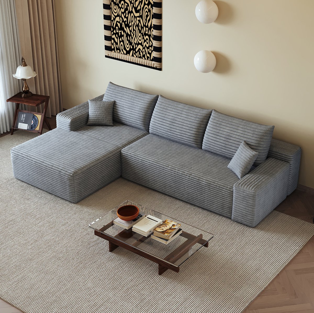 MEUNIQ Hoekbank 270 cm modulaire L-vormige chaise longue, 3-zits, corduroy, zonder montage, voor woonkamer, slaapkamer en appartement, grijs