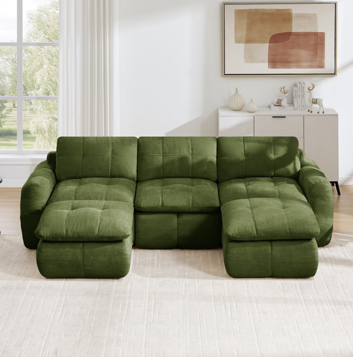 FloraGrace U-bank 3-zits Modulaire Bank - Frameloos, Met 2 Ottomans - Voor Woonkamer En Appartement - Chenille - Groen