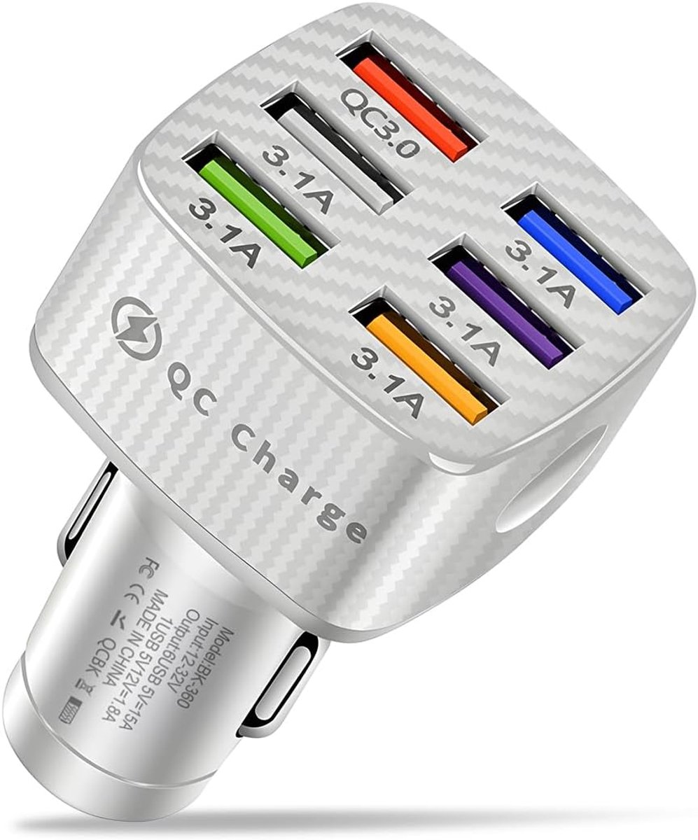 SnelShoppen - Snel opladen 3.0 USB Auto Sigarettenaansteker Lader, 6 Poorten Multi-USB Universele Auto Oplader, Auto Accessoires Wit