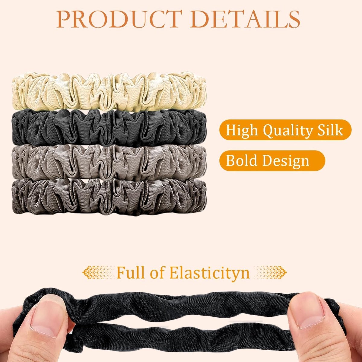 Set van 4 Zijden Scrunchies voor Haar, Satijnen Elastische Haarbanden in Zwart, Khaki, Koffie en Beige - Beschermt en Voedt je Haar