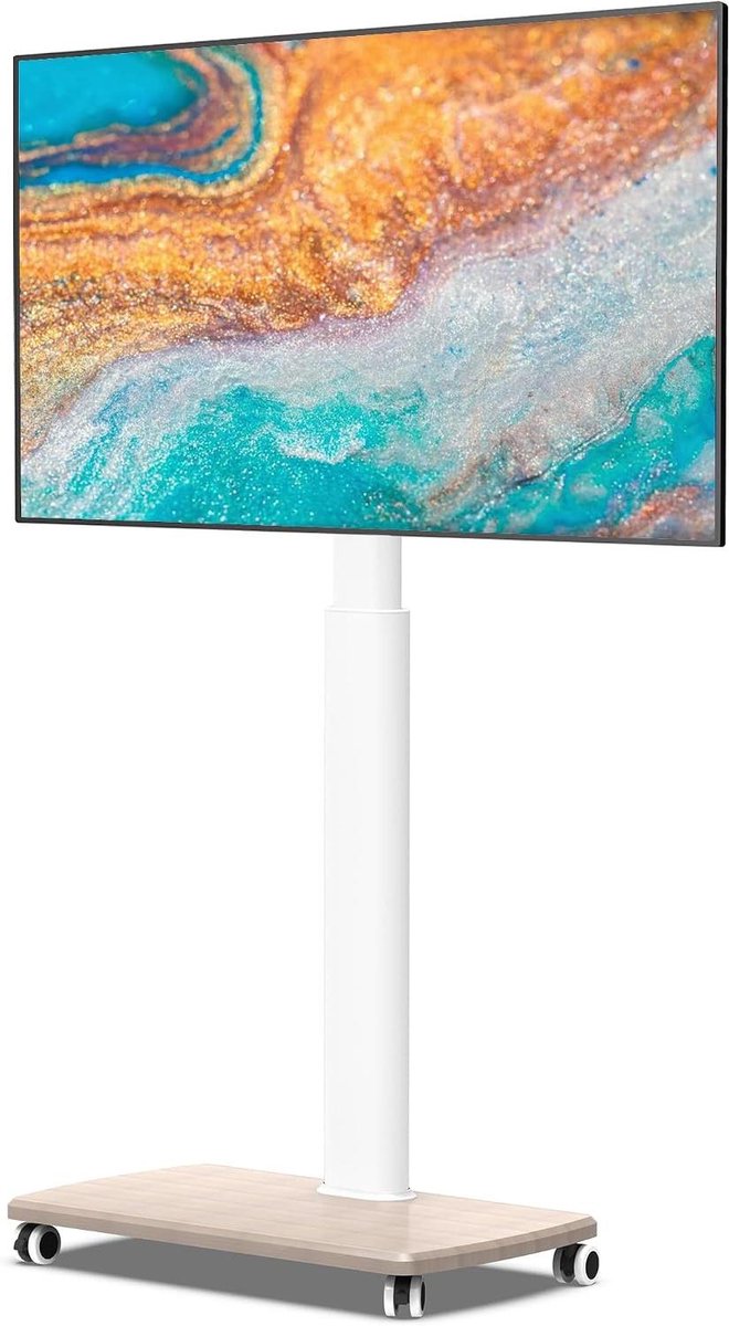 Verrijdbare TV Standaard - Mobiele Vloerstandaard - Ruimte Besparen - Hout-Look Basis - 32-70 Inch - Wit