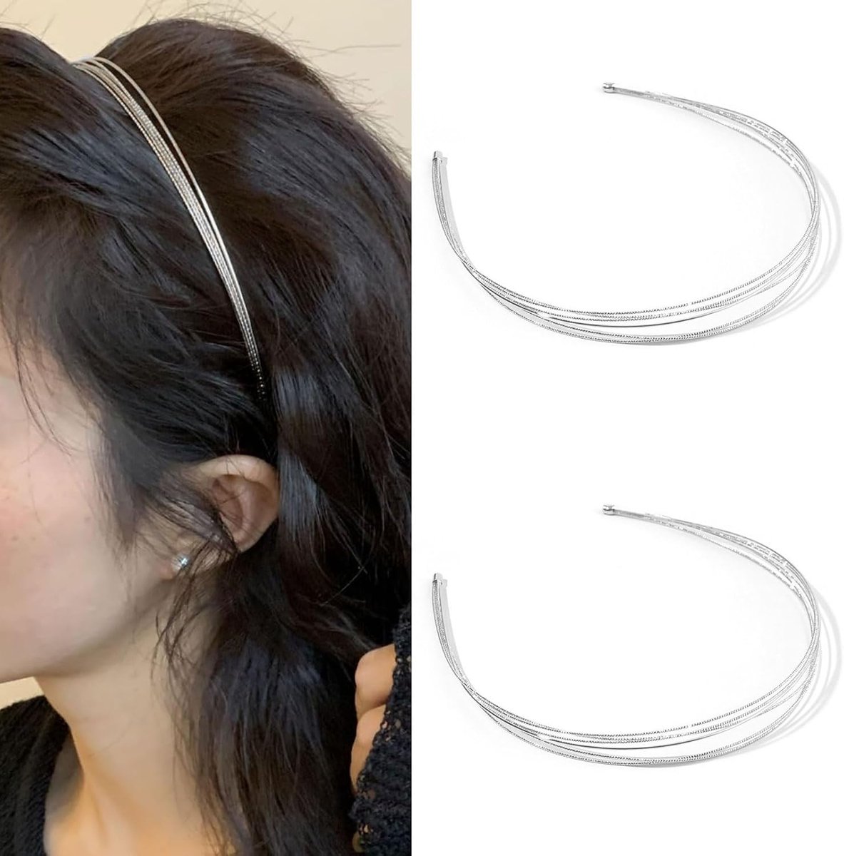 SnelShoppen - 2-pack Multilaagse Metalen Haarbanden voor Vrouwen - Elegante Dunne Hoofdbanden - Mode Haaraccessoires voor Meisjes - Zilveren Haarjuwel
