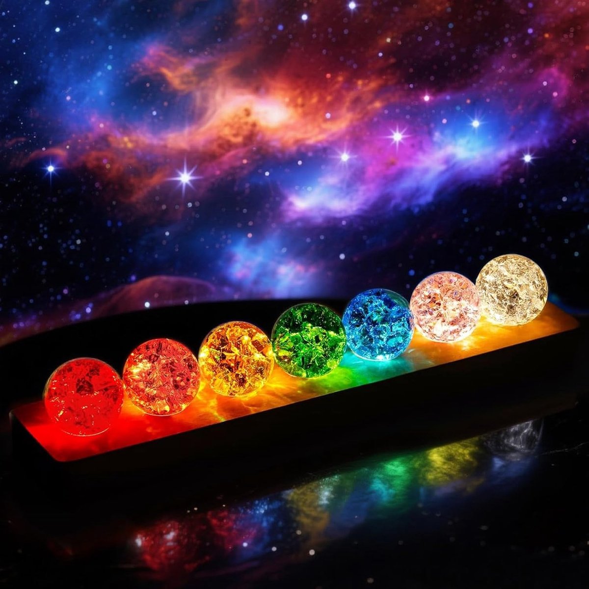 SnelShoppen - 7 Chakra Glazen Kristallen Ballen 40mm met LED Houten Basis | Kleurrijke IJsbreker Kristallen Bal Nachtlamp voor Meditatie, Yoga, Feng S