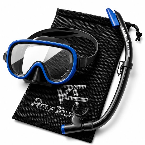 Masque de plongée avec cadre en silicone bleu et verre trempé, avec tuba noir et sac de rangement avec logo ReefTourer.