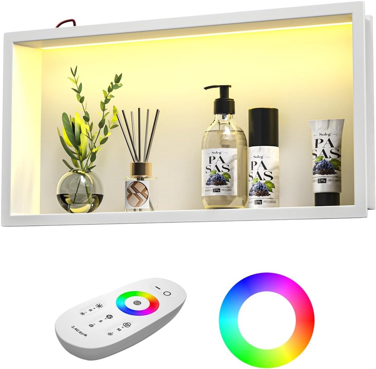 SnelShoppen - Wandniche Douche RVS met RGB LED Verlichting, Wandniche Badkamer Douche Niche Tegelbaar met Afstandsbediening 60cm x 30cm, Wit