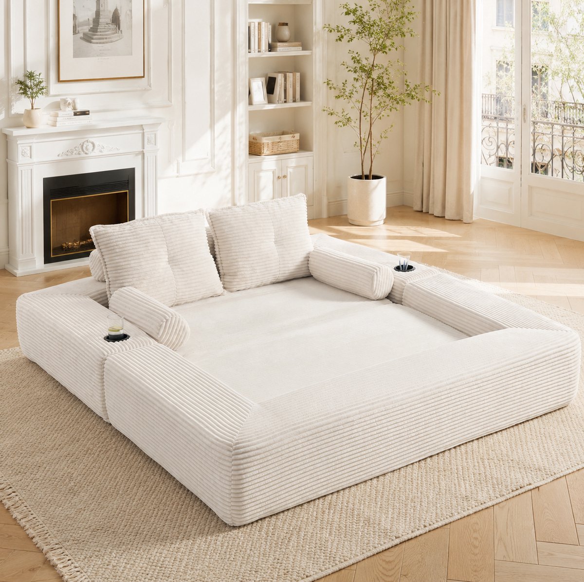 MIVRAY Slaapbank 2-Zits 180 Cm - Uitklapbaar Met Bekerhouder En Opbergvakken - Voor Woonkamer En Appartement - Corduroy Beige